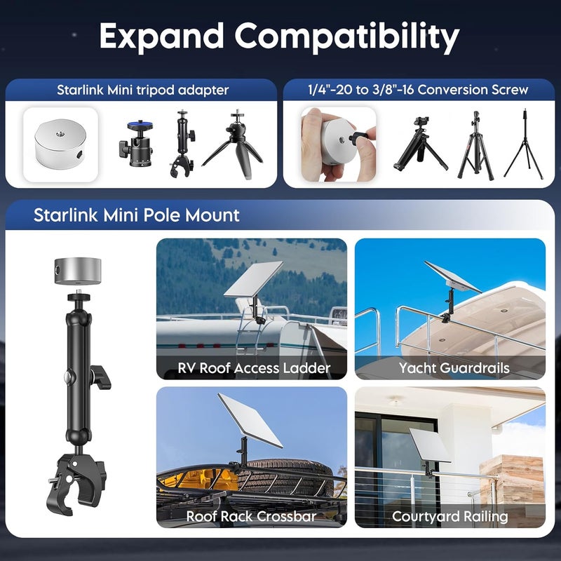 SURVADV Starlink Mini RV Mount, Aluminum Starlink Mini Clamp Mount with Pipe Adapter, 1/4"-20 & 3/8"-16 Thread & Adjustable Bracket Fits 2025 Starlink Mini, for RV, Boat, Camper, Roof Rack, Balcony, and More - Image 5